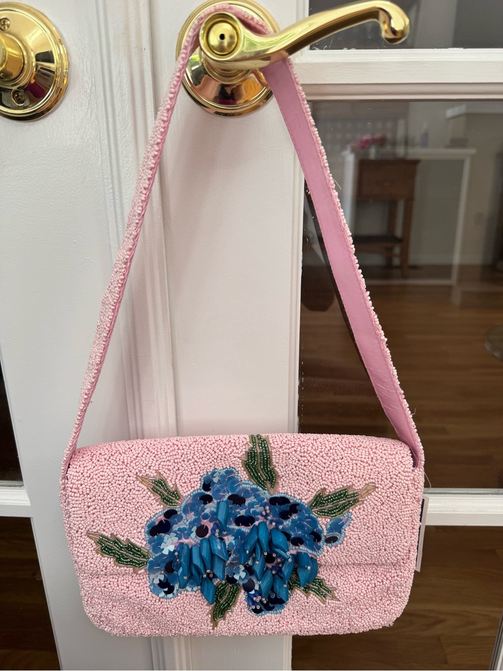 Pink Beaded Shoulder Bag with Blue Floral Appliqué